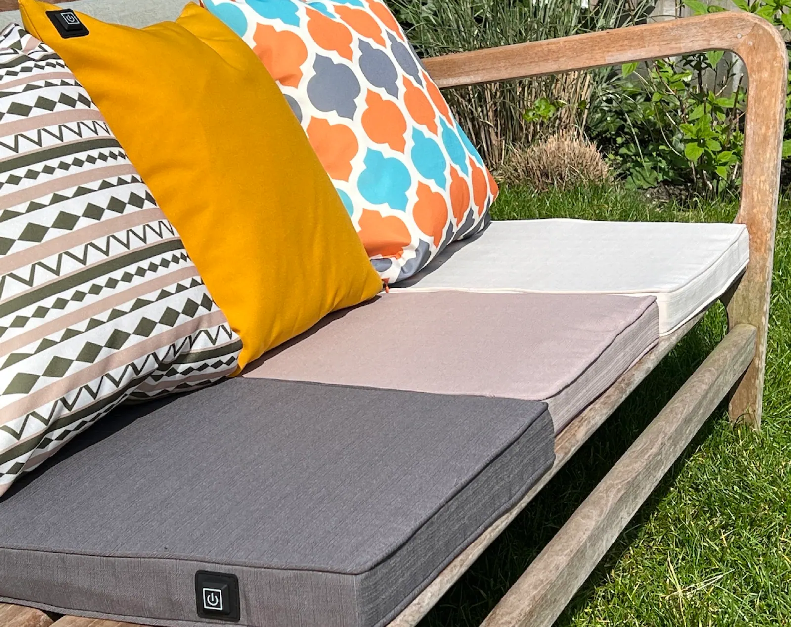 Beige Warmpi seat cushion for terrace chairs or hospitality seating