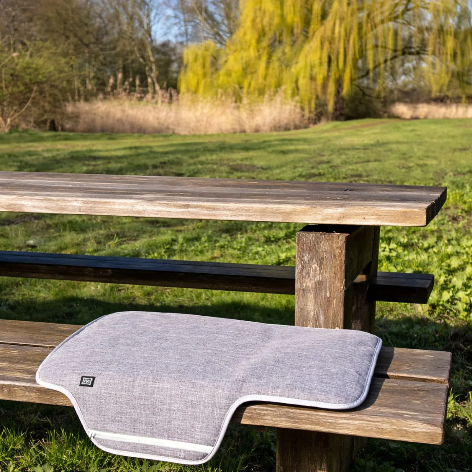 Warmpi heating mat used as a warm outdoor seat