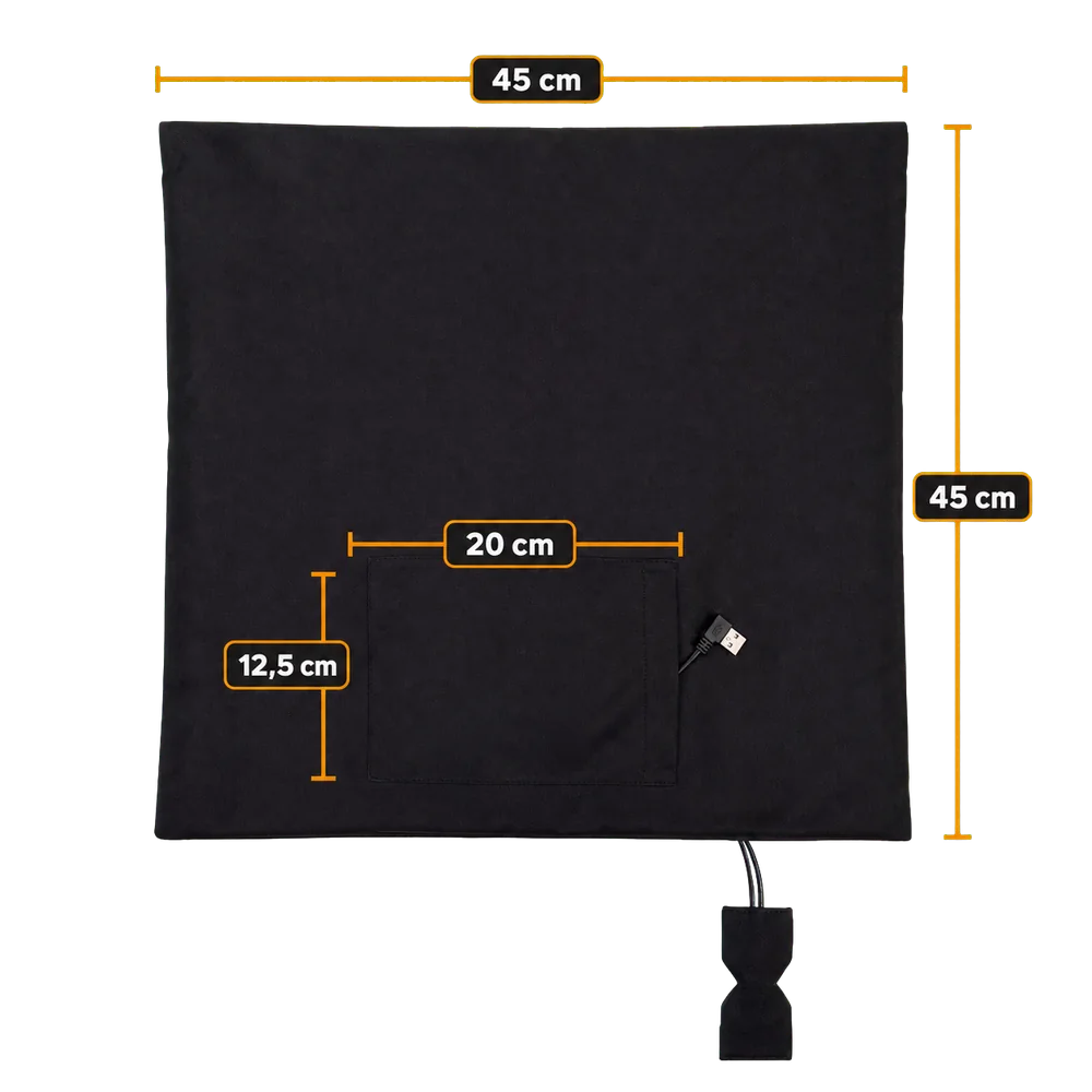 Dos de la housse chauffante Warmpi avec dimensions et poche pour batterie