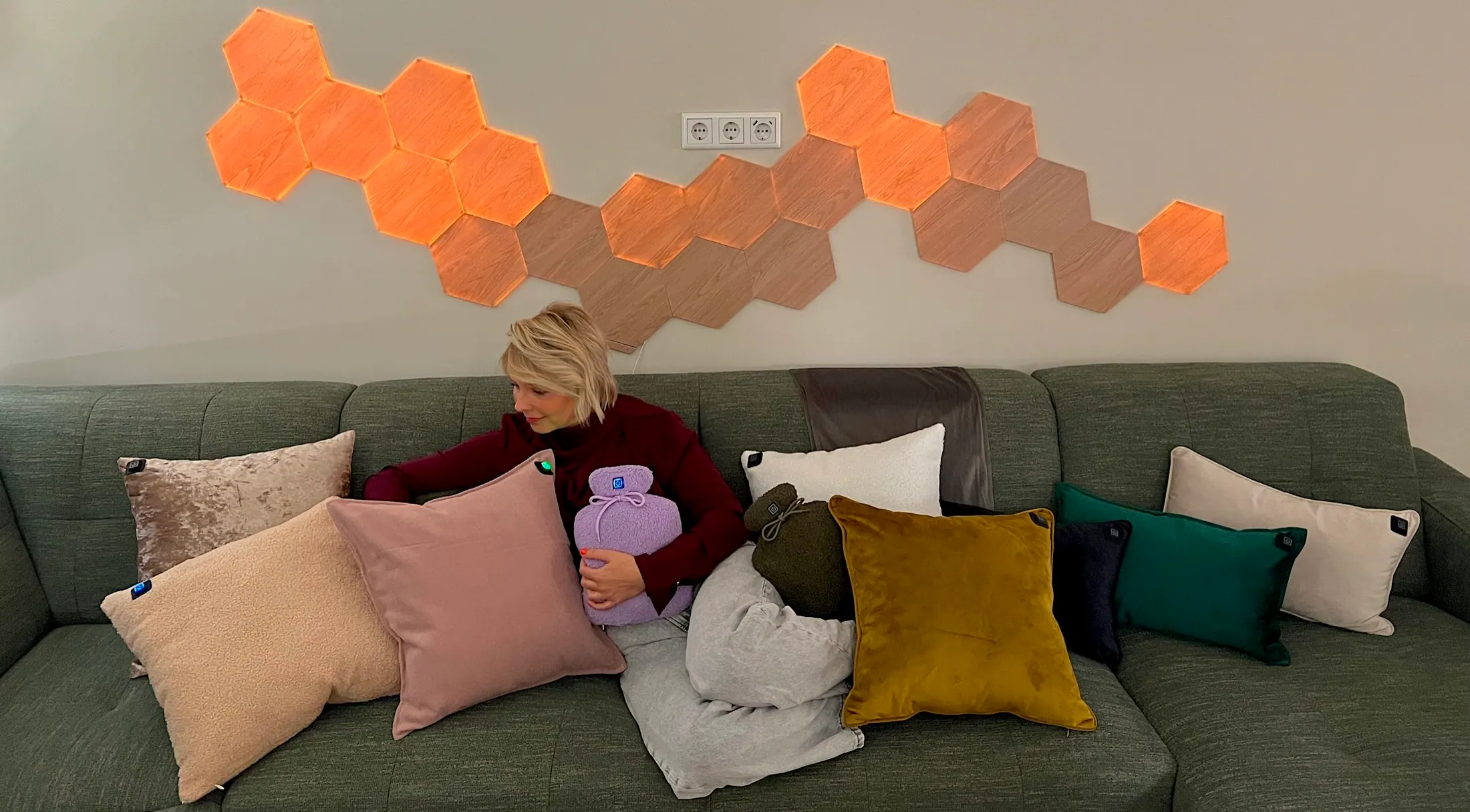 Warmpi heating pillows on a sofa as a business warmth solution
